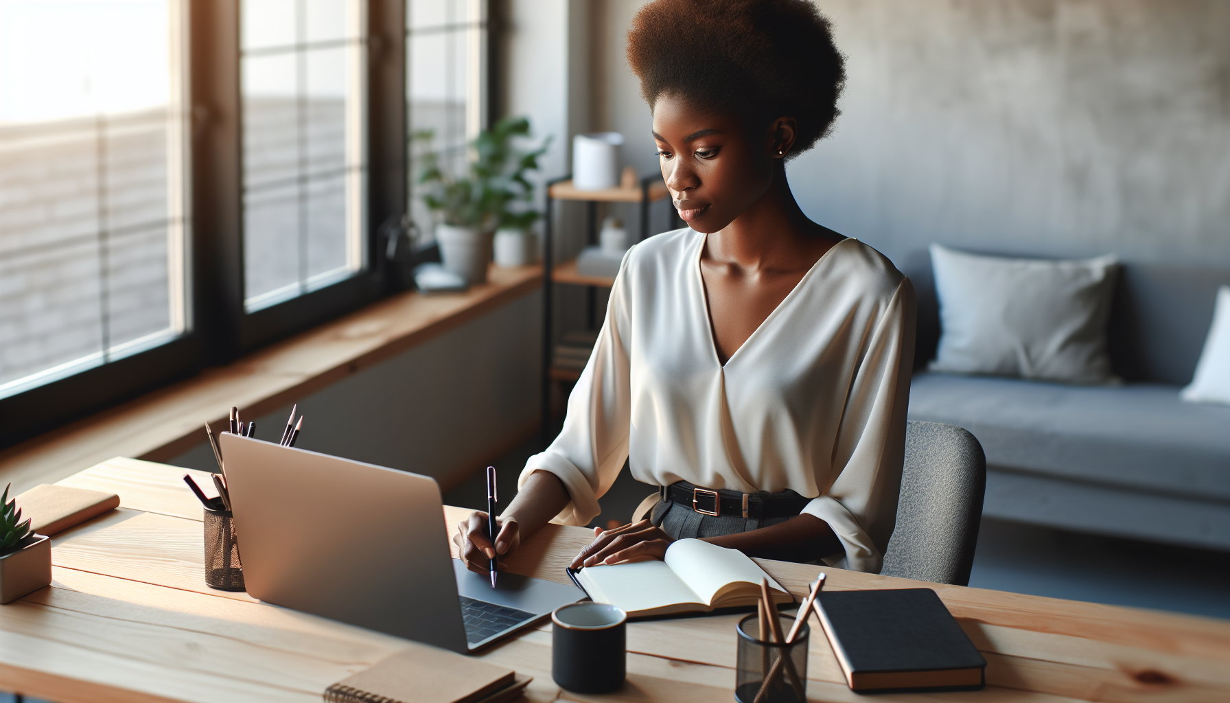 Professional business blogger working at a modern desk setup with laptop, coffee cup, and minimalist notebook, natural lighting from large windows, focus on the workspace atmosphere. No text, no words, no letters, clean image, text-free, visual only. Style: Lifestyle photography