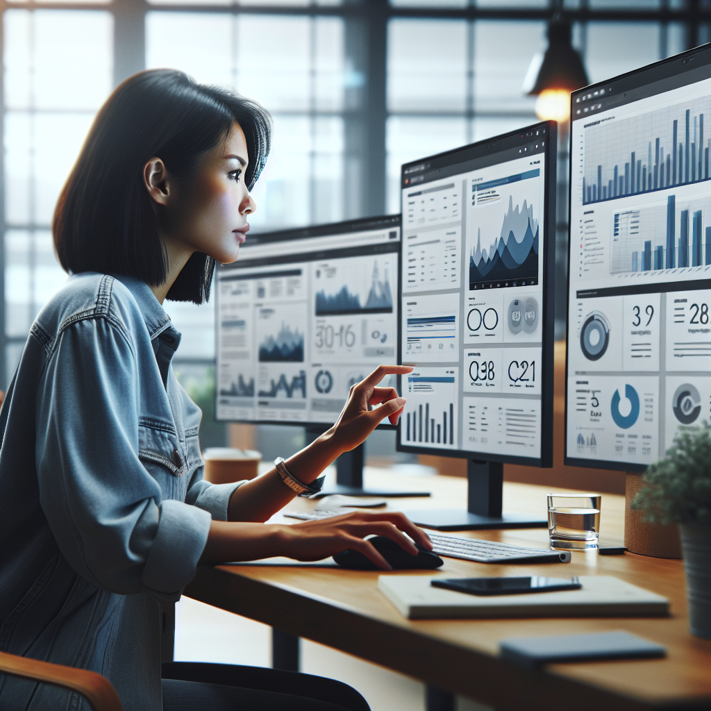 Content creator analyzing website analytics on multiple screens, showing growth charts and data visualization, contemporary office environment. No text, no words, no letters, clean image, text-free, visual only. Style: Lifestyle photography