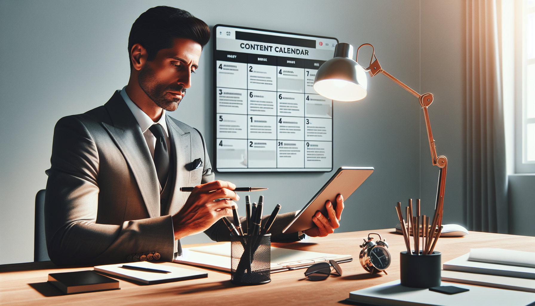 Social media manager reviewing content calendar on tablet, organized desk with minimal accessories. No text, no words, no letters, clean image, text-free, visual only. Style: Lifestyle photography