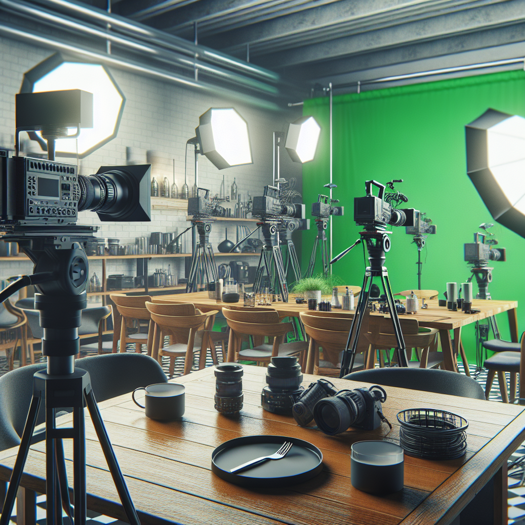 Behind-the-scenes of video production for blog content, camera equipment, lighting setup and green screen. No text, no words, no letters, clean image, text-free, visual only. Style: Lifestyle photography