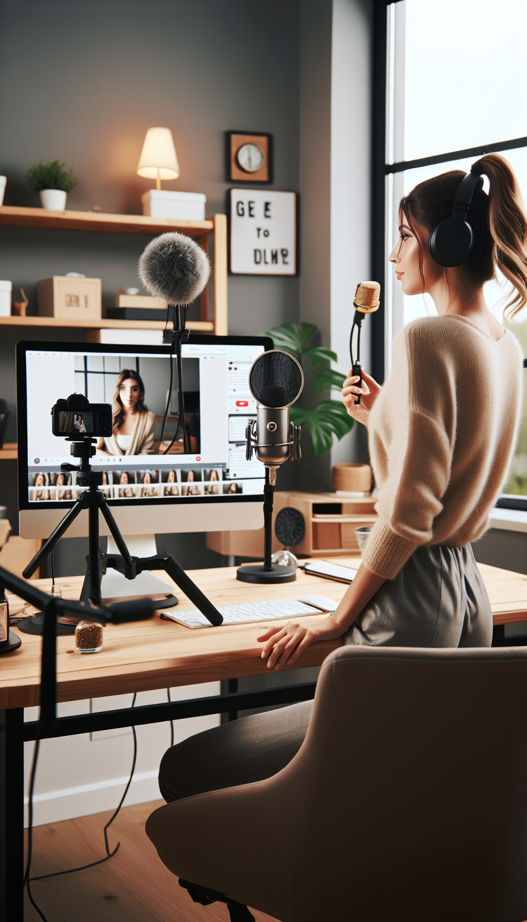 Person conducting video interview remotely for blog content, professional home office setup with lighting equipment. No text, no words, no letters, clean image, text-free, visual only. Style: Lifestyle photography