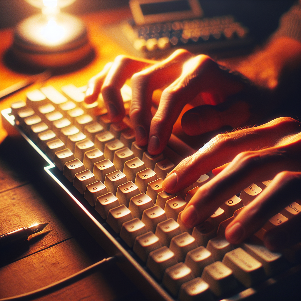 Close-up of hands typing on mechanical keyboard, blog writing in progress, warm lighting environment. No text, no words, no letters, clean image, text-free, visual only. Style: Lifestyle photography