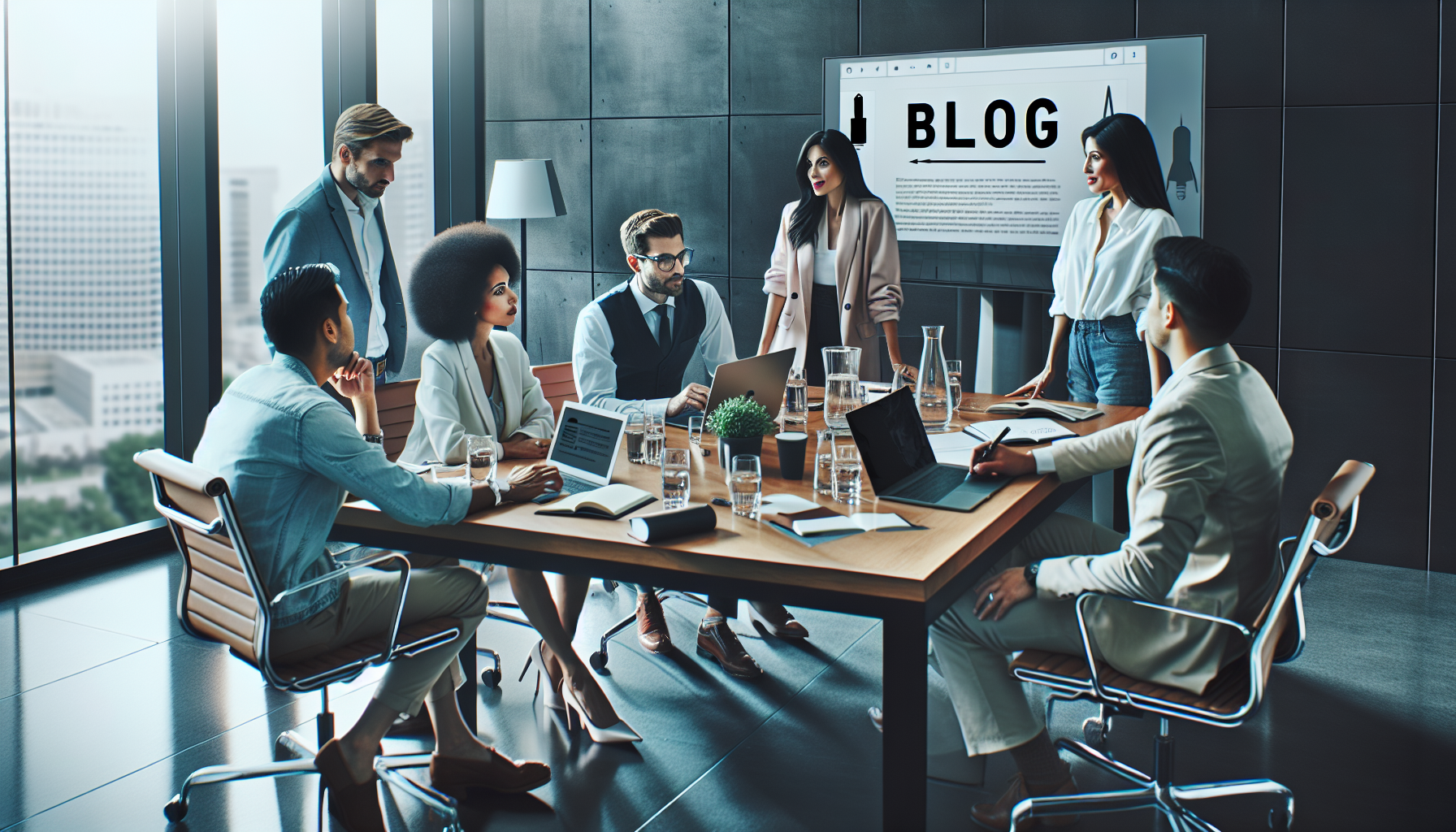 Content marketing team meeting in modern conference room, discussing blog strategy with digital presentation. No text, no words, no letters, clean image, text-free, visual only. Style: Lifestyle photography