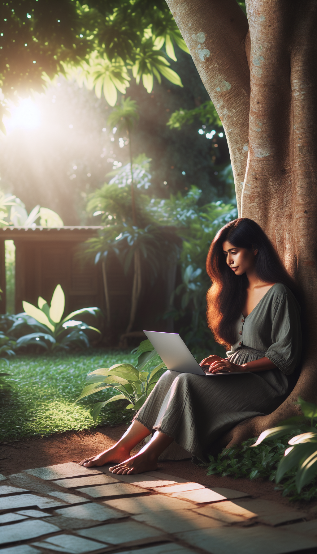 Blog writer working outdoors with laptop under tree, peaceful natural environment, productive remote work scene. No text, no words, no letters, clean image, text-free, visual only. Style: Lifestyle photography