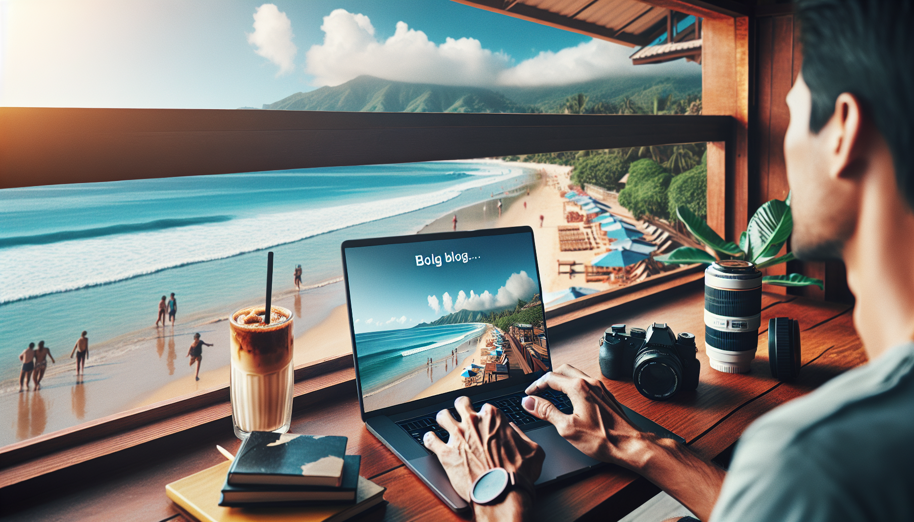 Digital nomad creating blog content at beach cafe, laptop with ocean view, casual productive atmosphere. No text, no words, no letters, clean image, text-free, visual only. Style: Lifestyle photography