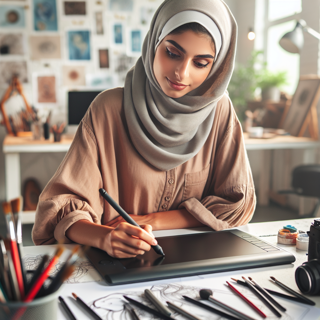 Designer creating visual content for blog, working with graphic tablet and stylus, creative studio environment. No text, no words, no letters, clean image, text-free, visual only. Style: Lifestyle photography