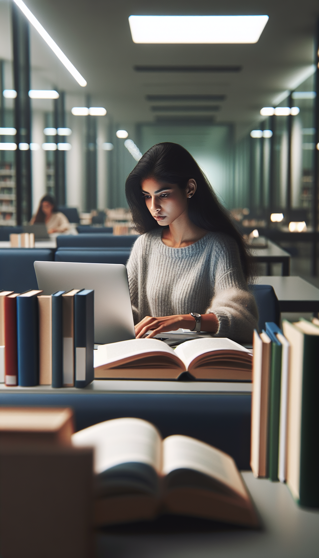 Person researching information in modern library for blog article, surrounded by books and using laptop. No text, no words, no letters, clean image, text-free, visual only. Style: Lifestyle photography