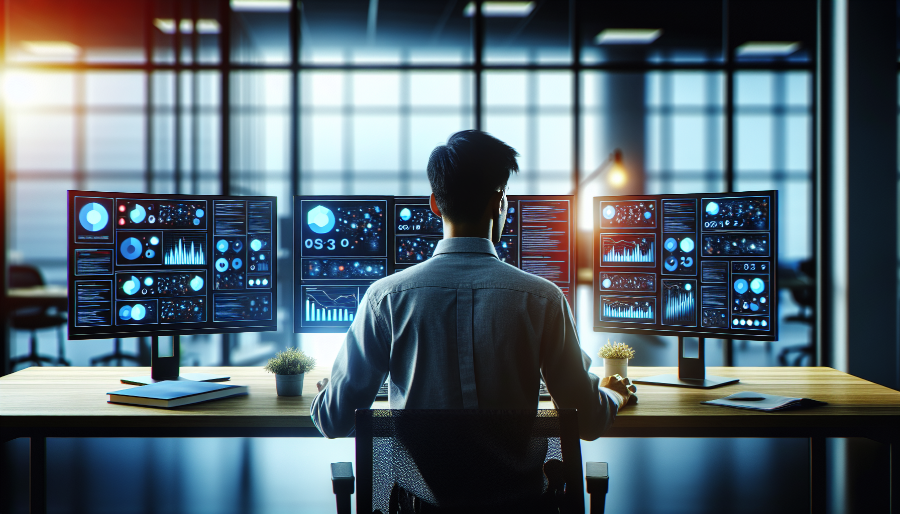 SEO specialist analyzing website performance on computer screens, professional office environment with data visualizations. No text, no words, no letters, clean image, text-free, visual only. Style: Lifestyle photography