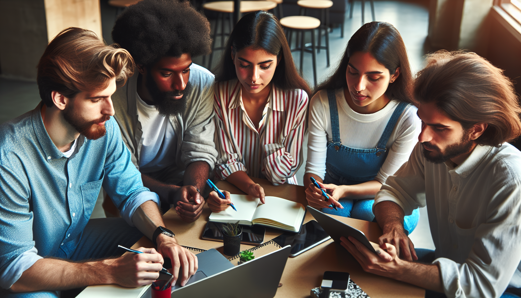 Team of blog writers collaborating in a bright co-working space, discussing ideas with notebooks and digital devices. No text, no words, no letters, clean image, text-free, visual only. Style: Lifestyle photography