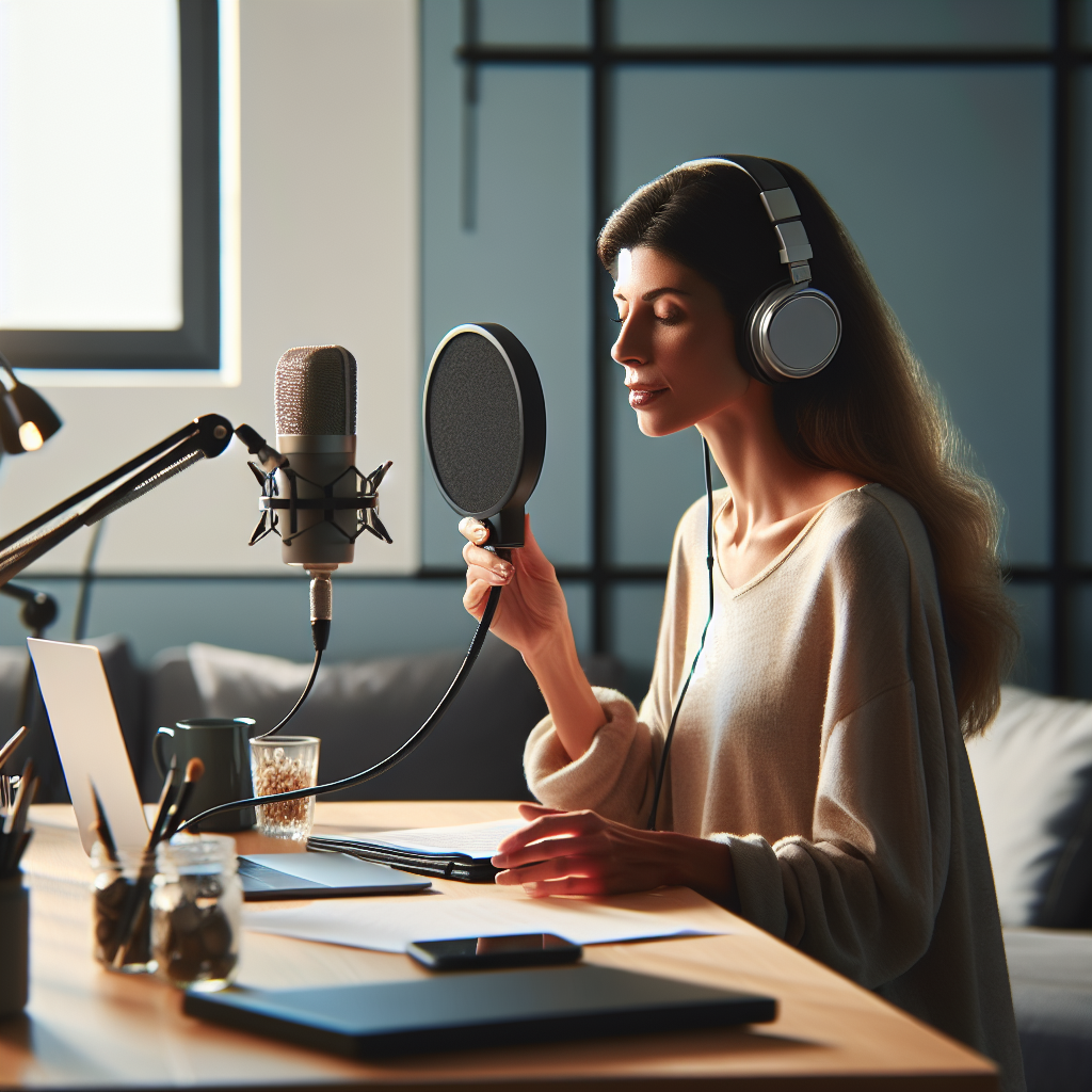 Influencer recording audio podcast for blog content, professional microphone setup, sound-treated room. No text, no words, no letters, clean image, text-free, visual only. Style: Lifestyle photography