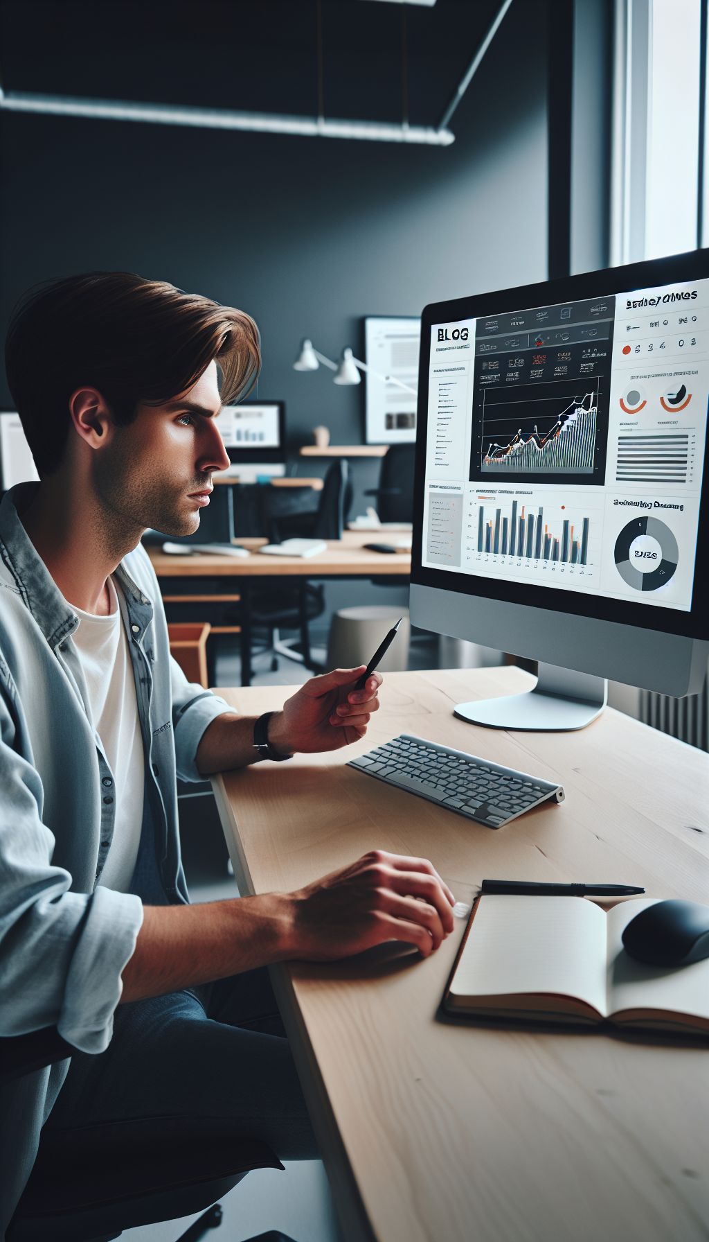 Content creator reviewing analytics dashboard on computer, making data-driven decisions for blog strategy. No text, no words, no letters, clean image, text-free, visual only. Style: Lifestyle photography