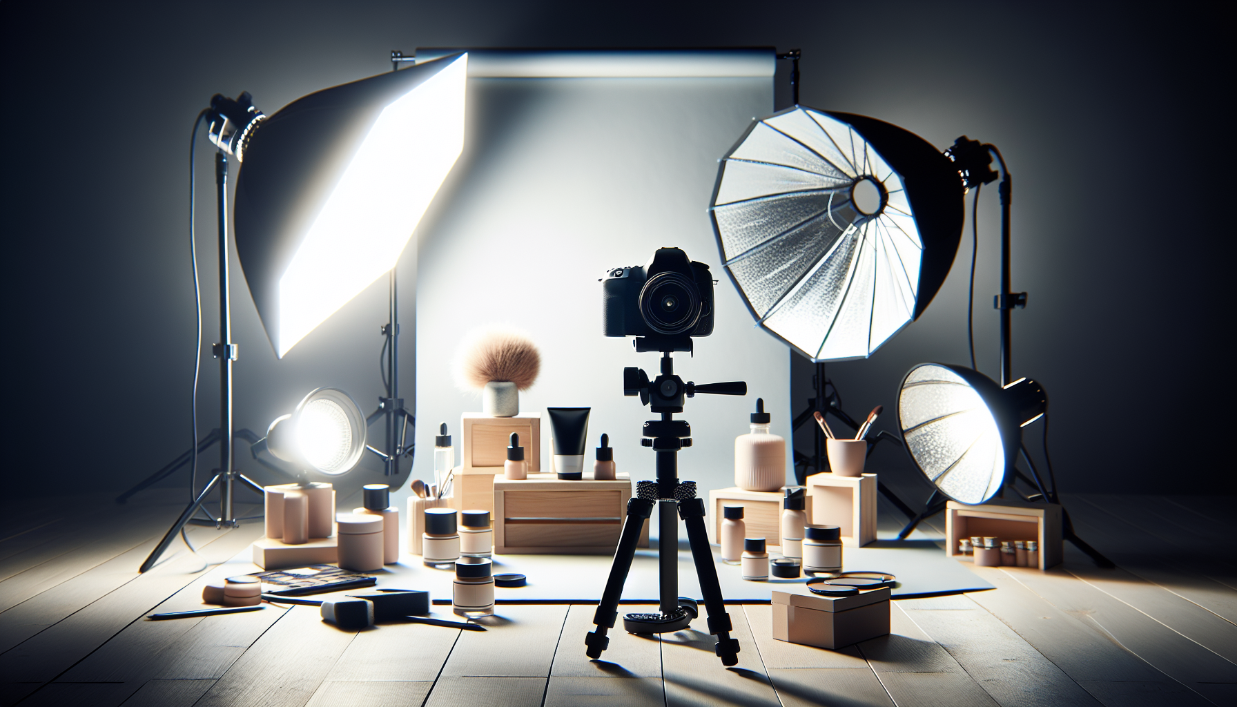 Professional photography setup for blog product shots, lightboxes, reflectors and DSLR camera on tripod. No text, no words, no letters, clean image, text-free, visual only. Style: Lifestyle photography