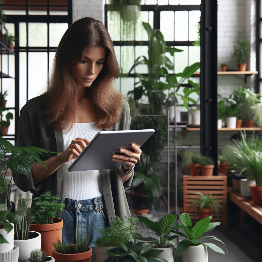 Person creating a content calendar on digital tablet, planning blog posts, organized workspace with plants. No text, no words, no letters, clean image, text-free, visual only. Style: Lifestyle photography