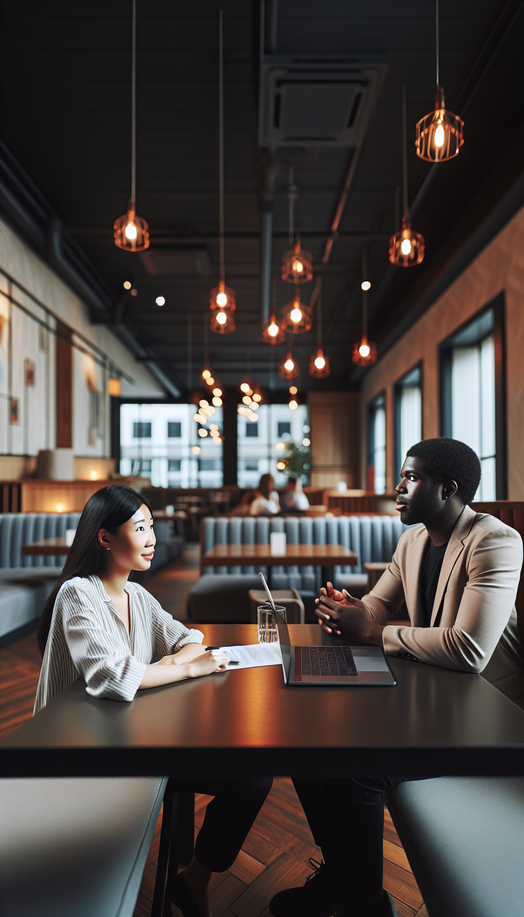 Blog writer interviewing expert for article content, professional meeting in modern cafe setting. No text, no words, no letters, clean image, text-free, visual only. Style: Lifestyle photography
