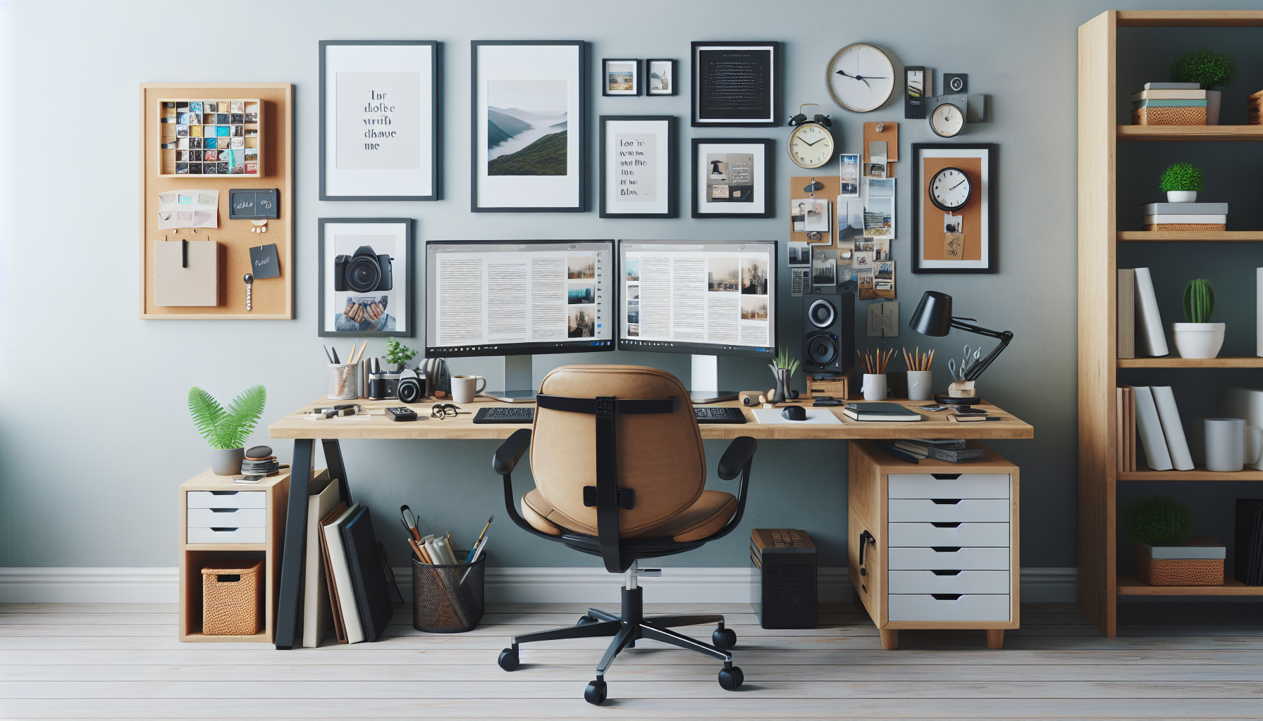 Content creator's workspace with dual monitors, ergonomic chair, and organized desk accessories, ideal blog writing environment. No text, no words, no letters, clean image, text-free, visual only. Style: Lifestyle photography