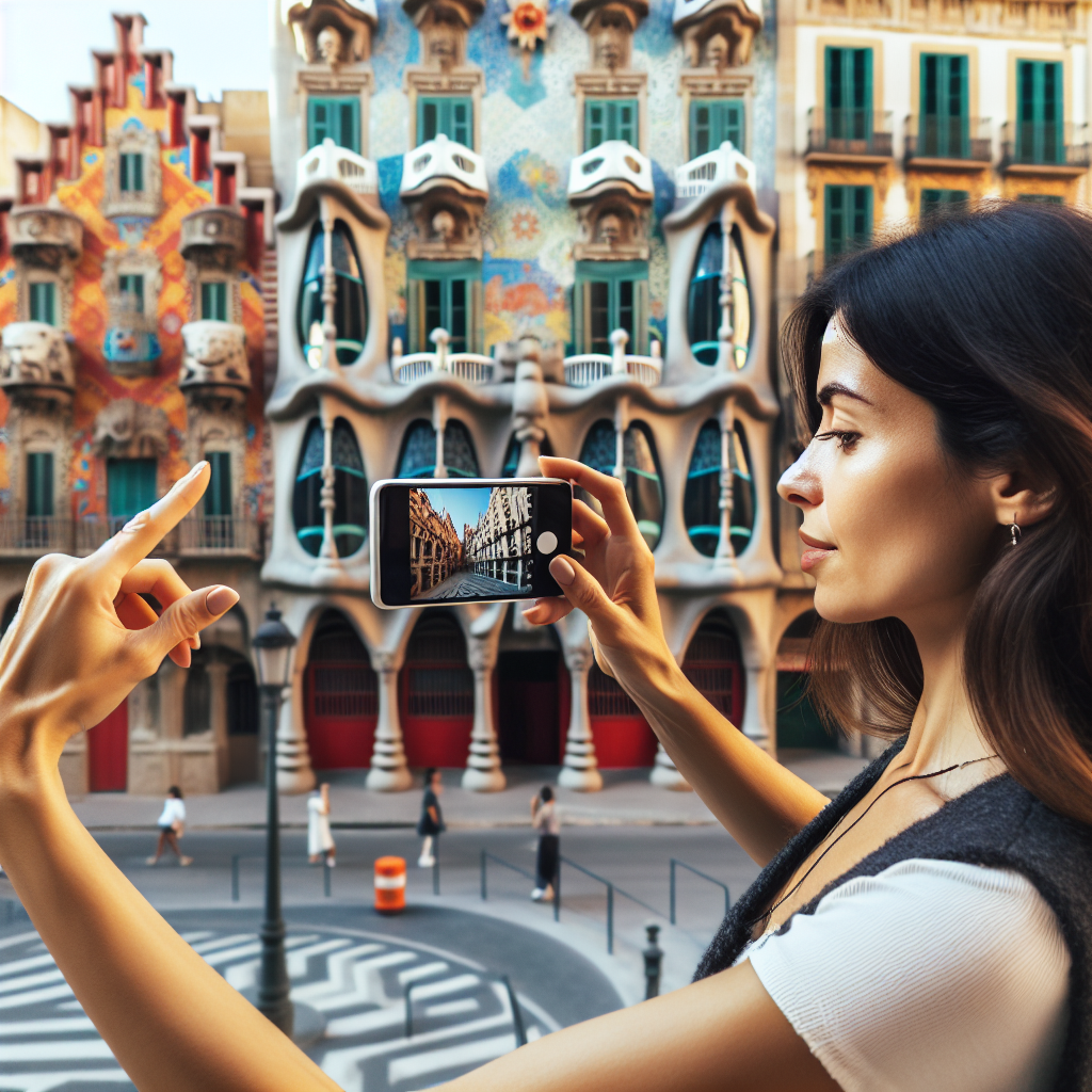 Person using smartphone to capture behind-the-scenes content for blog, urban environment with interesting architecture. No text, no words, no letters, clean image, text-free, visual only. Style: Lifestyle photography