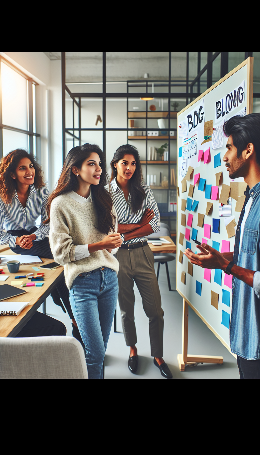 Team brainstorming session for blog content calendar, collaborative environment with whiteboard and sticky notes. No text, no words, no letters, clean image, text-free, visual only. Style: Lifestyle photography