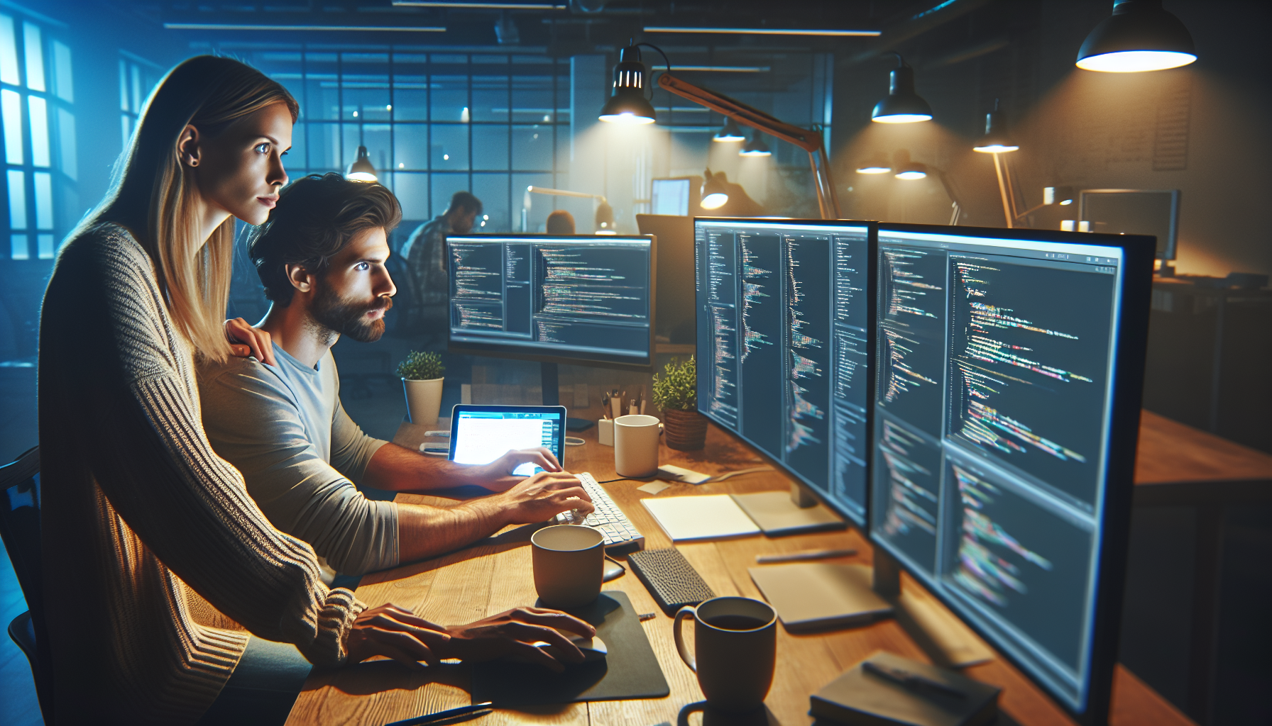 Website developer working on blog platform, multiple code screens visible, focused work environment with ambient lighting. No text, no words, no letters, clean image, text-free, visual only. Style: Lifestyle photography