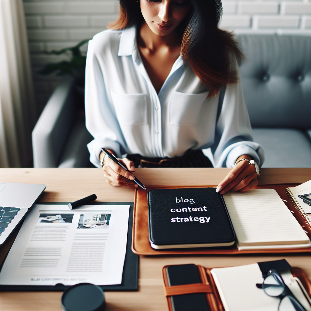 Person reviewing blog content strategy documents, organized desk with notebook and tablet, professional environment. No text, no words, no letters, clean image, text-free, visual only. Style: Lifestyle photography