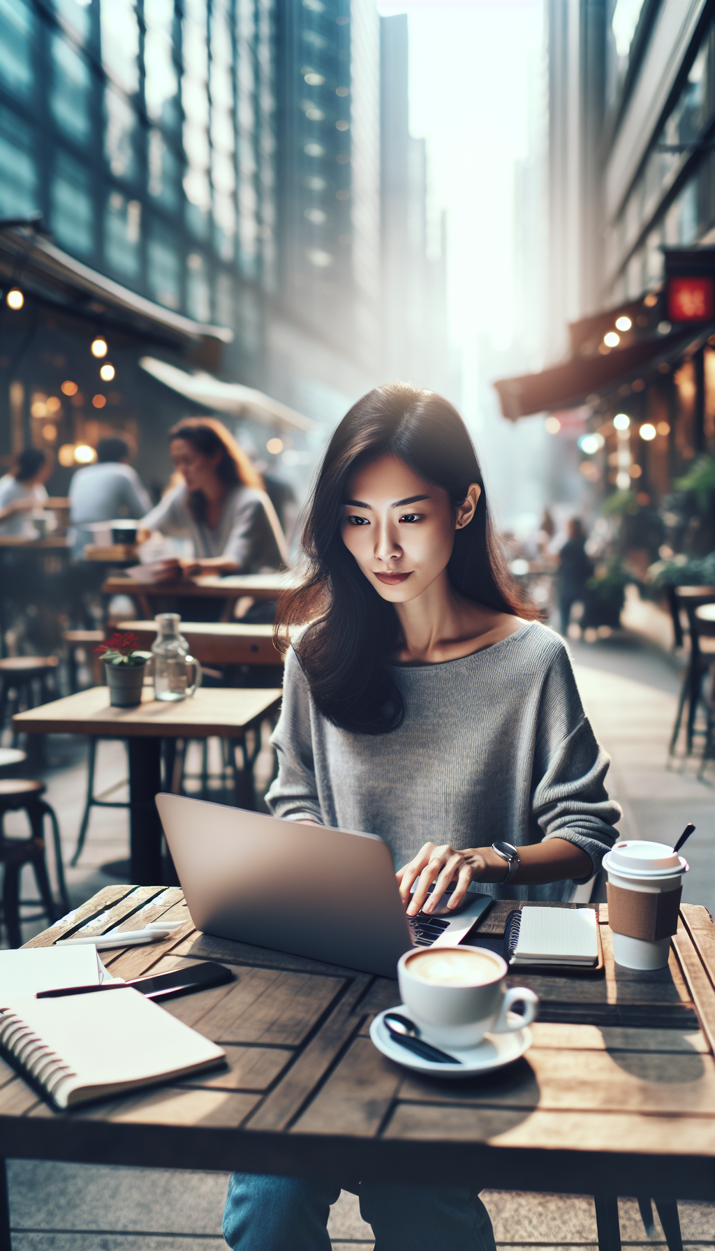 Person typing on laptop with coffee shop background, focused expression, creative work environment. No text, no words, no letters, clean image, text-free, visual only. Style: Lifestyle photography