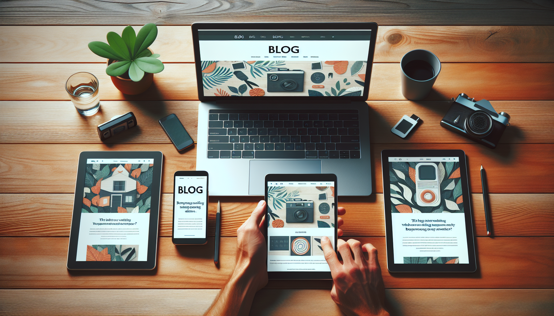 Blog website displayed on multiple devices (laptop, tablet, smartphone) on a wooden table, showing responsive design. No text, no words, no letters, clean image, text-free, visual only. Style: Lifestyle photography