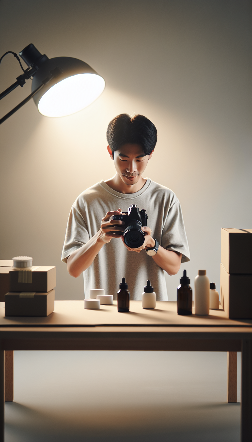 Digital content creator using professional camera to capture product images for blog post, studio setting with soft lighting. No text, no words, no letters, clean image, text-free, visual only. Style: Lifestyle photography