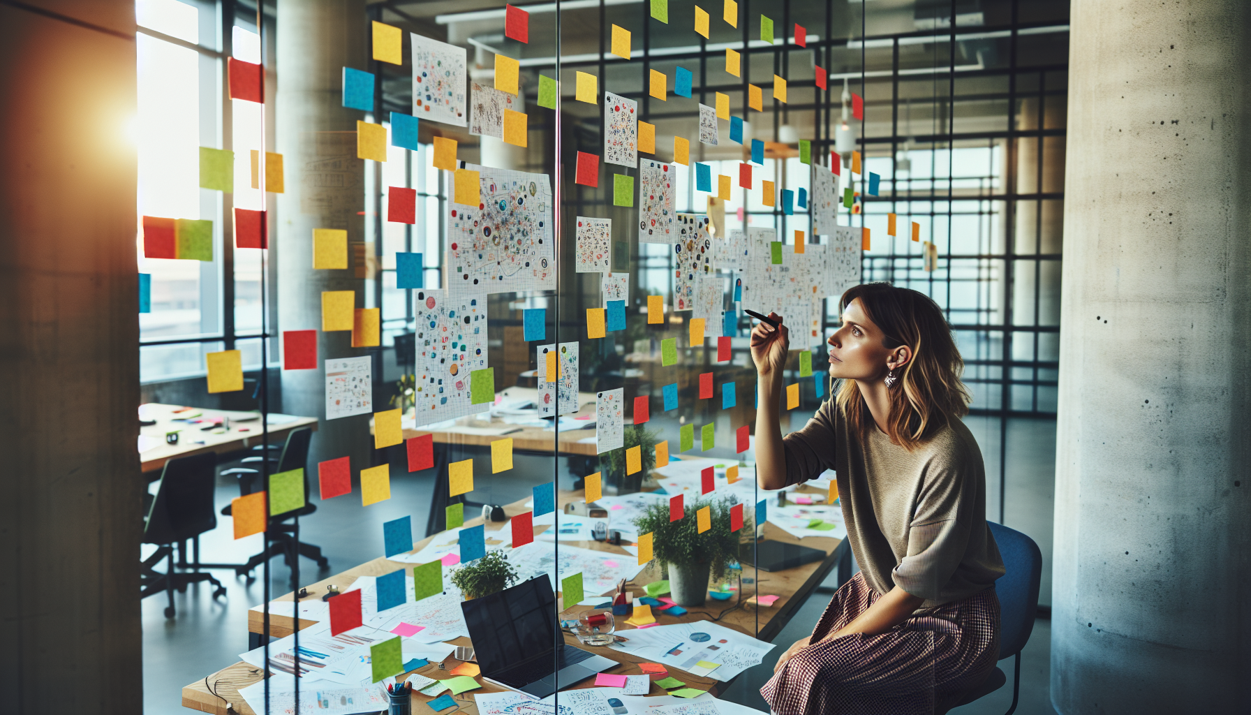 Person brainstorming blog post ideas with colorful sticky notes on glass wall, modern creative office environment. No text, no words, no letters, clean image, text-free, visual only. Style: Lifestyle photography