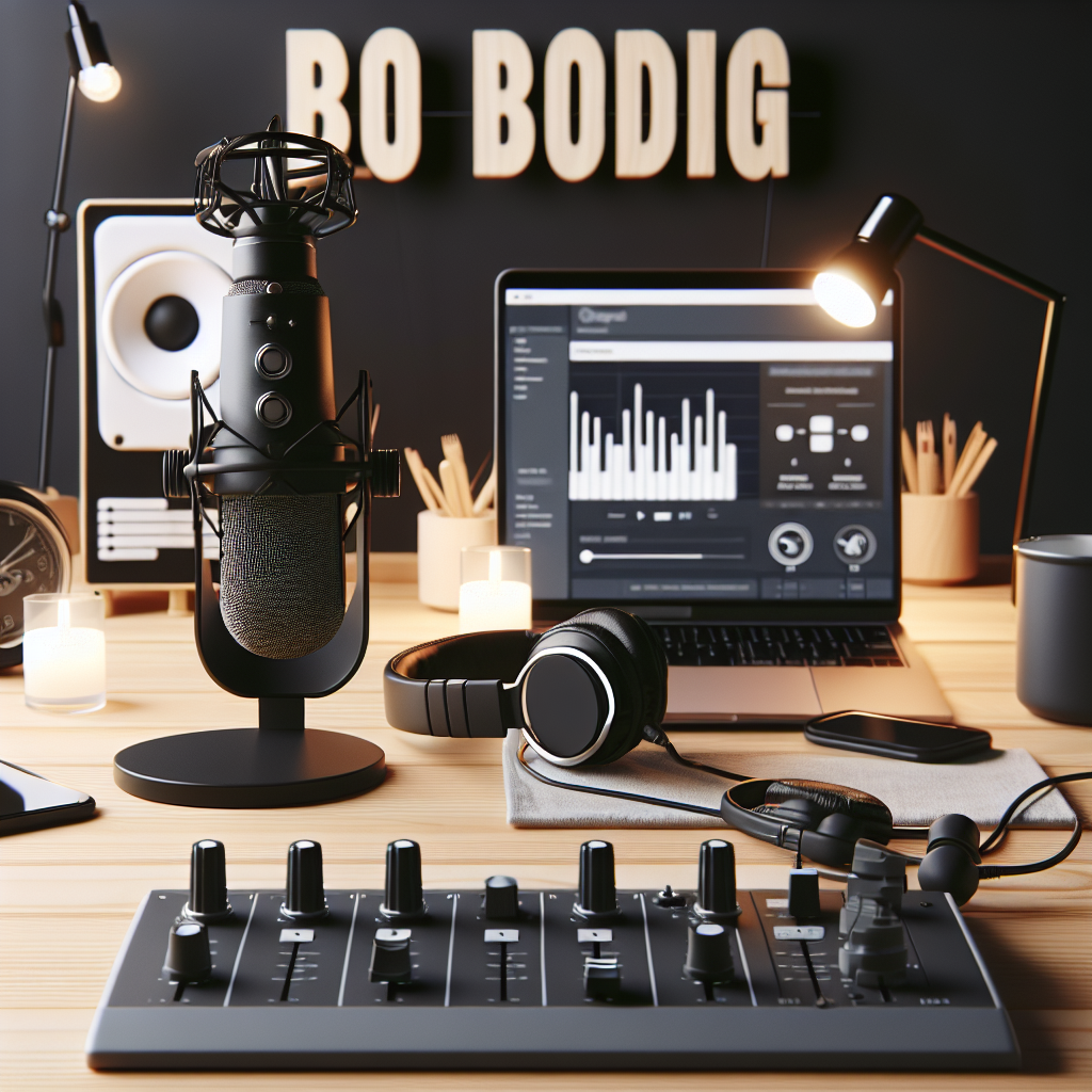Professional podcasting setup with microphone, sound mixer and headphones for blog content creation, studio environment. No text, no words, no letters, clean image, text-free, visual only. Style: Lifestyle photography